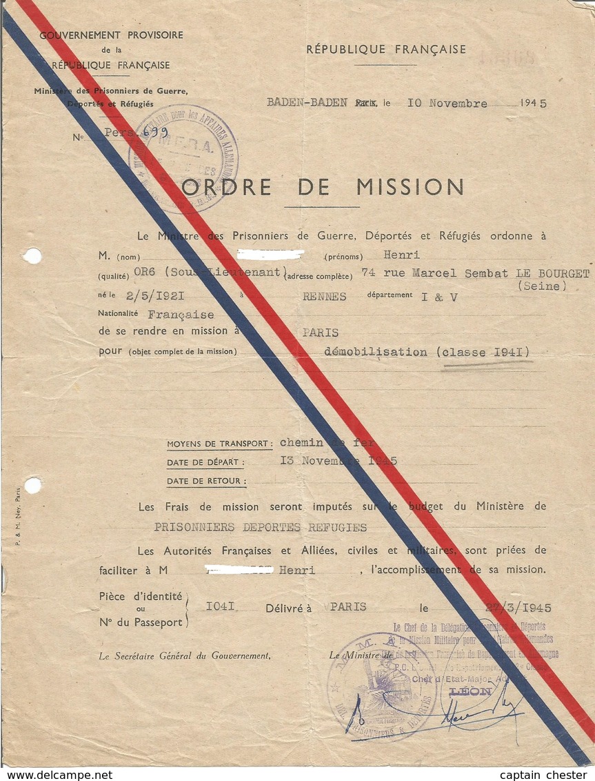 Gouvernement Provisoire De La République Française - Ordre De Mission Baden Baden 1945 - Documents