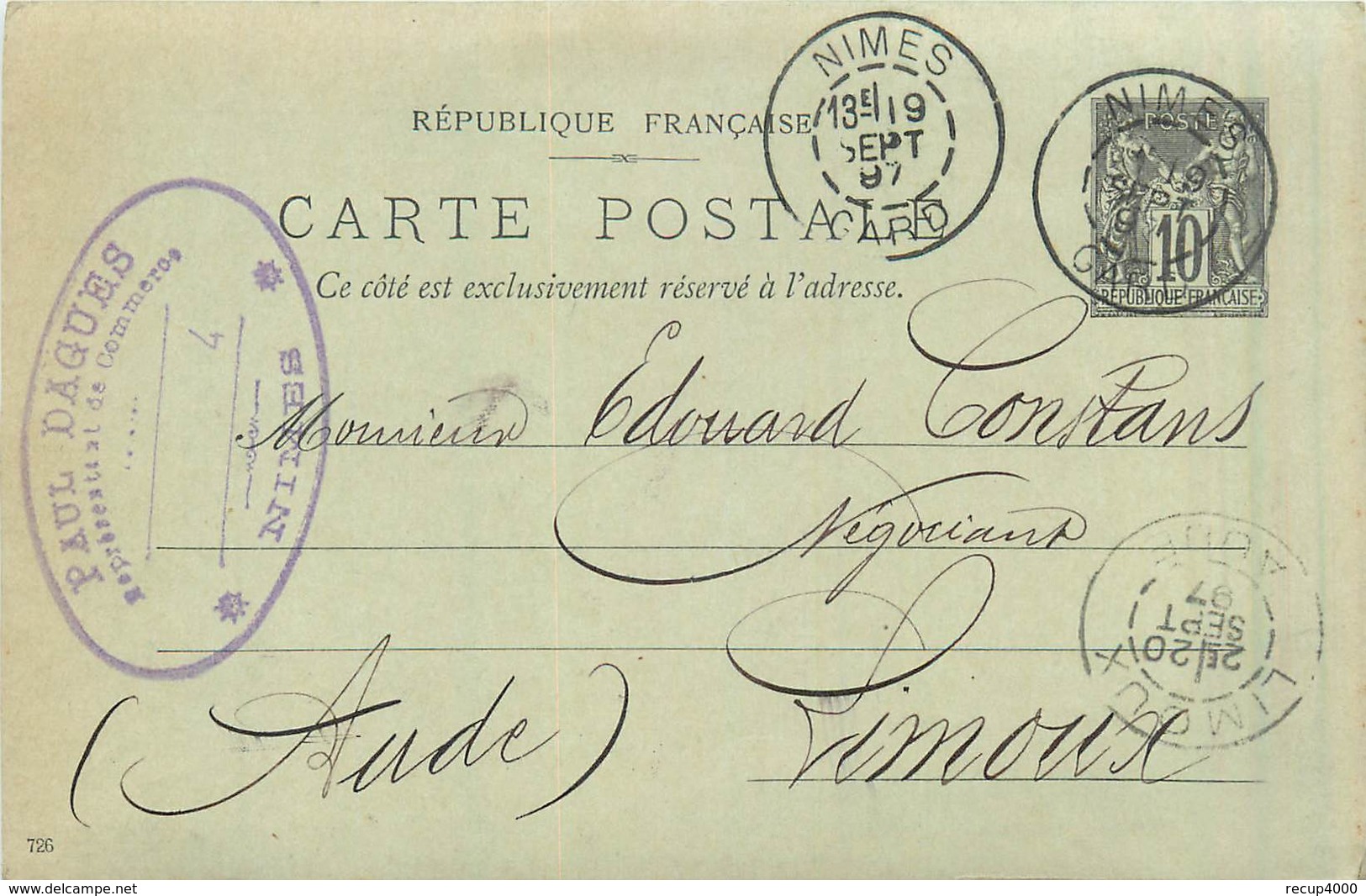 30 NIMES  Représentant De Commerce Paul DAGUES  1887 Entier Postal   2scans - Nîmes