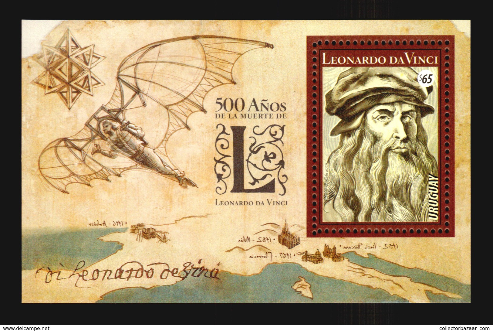 NEW ! Leonardo Da Vinci 500th Anniversary Art Painter Selfportrait Invention Aircraft Map Churches Uruguay MNH S/s - Other & Unclassified