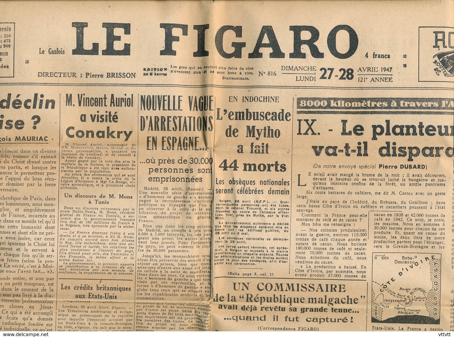 LE FIGARO, N° 816, 27-28 Avril 1947, Essor Ou Déclin De L' Eglise ? Auriol, Arrestations En Espagne, Saint-Germain, Tito - Autres & Non Classés