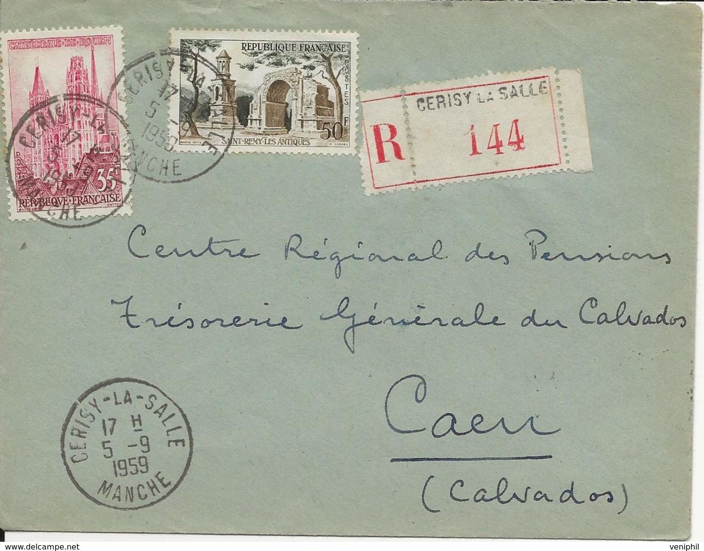 LETTRE RECOMMANDEE AFFRANCHIE N°1129 +N° 1130 OBLITERE CAD CERISY LA SALLE -MANCHE - 1959 - 1921-1960: Moderne