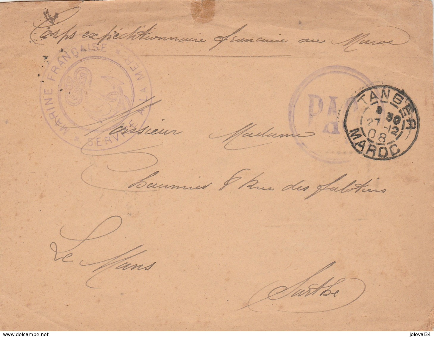 Lettre FM Cachet  Marine Française Service à La Mer  + PAQ ( Paquebot ) Tanger Maroc  21/12/1908 - Poste Navale