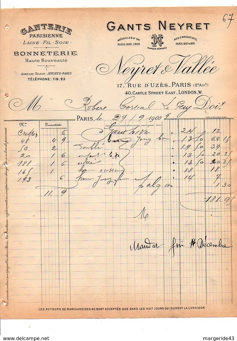 1909 FACTURE NEYRET & VALLEE GANTERIE RUE D'UZES à PARIS - 1900 – 1949