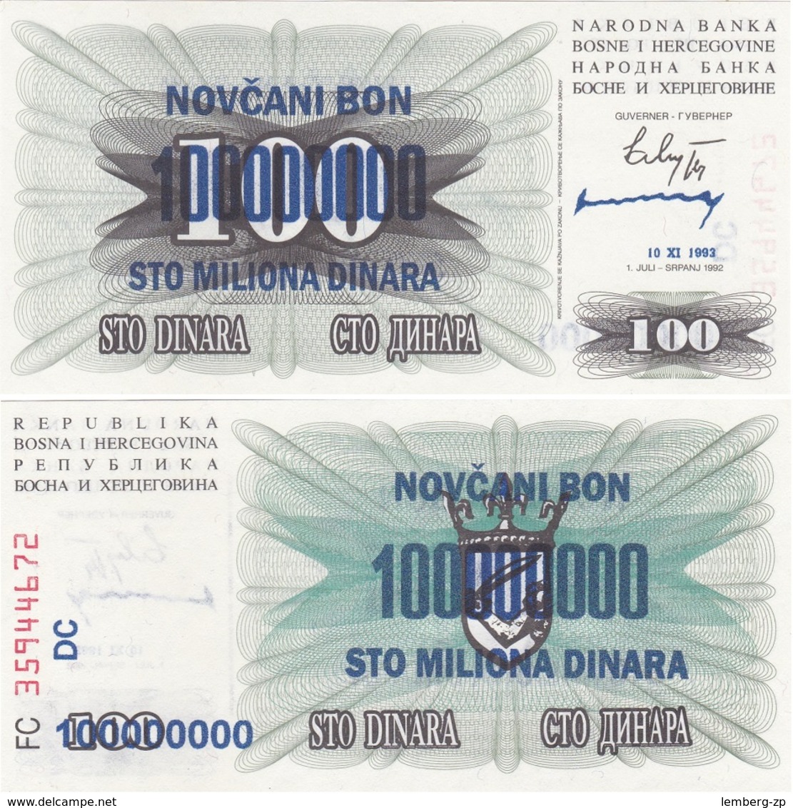 Bosnia - 100000000 Dinara 10.11. 1993 AUNC Pick 37 100 Mill. Ovp Lemberg-Zp - Bosnia And Herzegovina