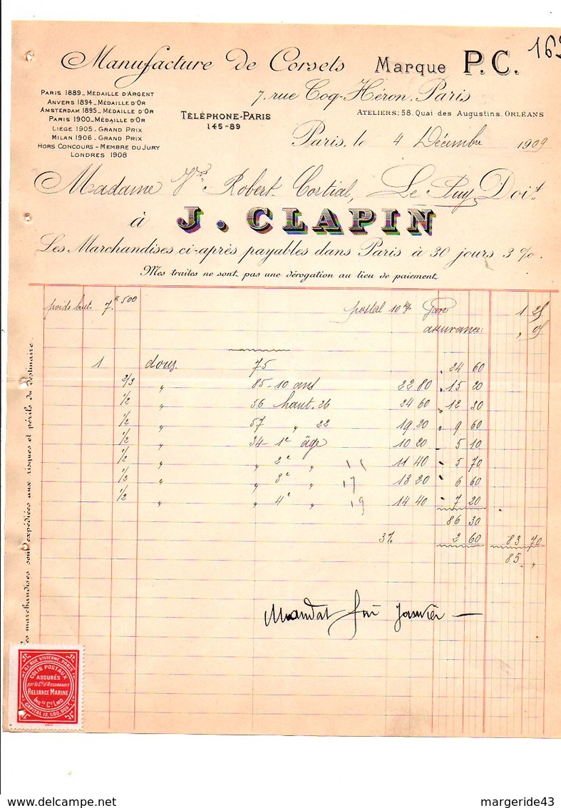 1909 FACTURE J. CLAPIN MANUFACTURE DE CORSETS RUE COQ-HERON à PARIS - 1900 – 1949