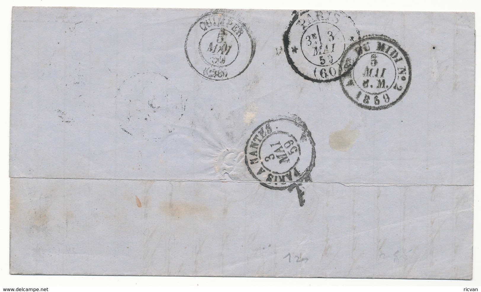 1859 BRIEF Met COB 12A? Van ANVERS Naar QUIMPER, Rug AMBt DU MIDI No2 Zie Scan(s) - 1858-1862 Médaillons (9/12)