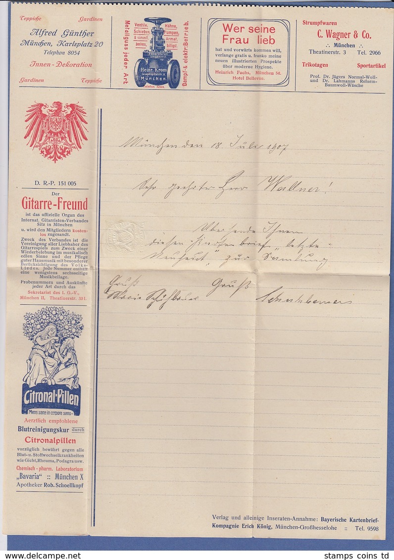 Bayern Privat-Anzeigenkartenbrief 5 Pfg Wappen 1907 Echt Gel. In Top-Erhaltung ! - Other & Unclassified