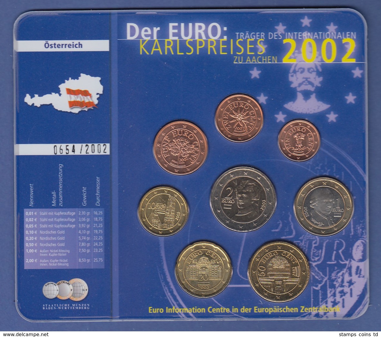 Österreich Euro-Set Kpl. Satz 8 Münzen Im Blister EURO-Karlspreis 2002 - Otros – Europa