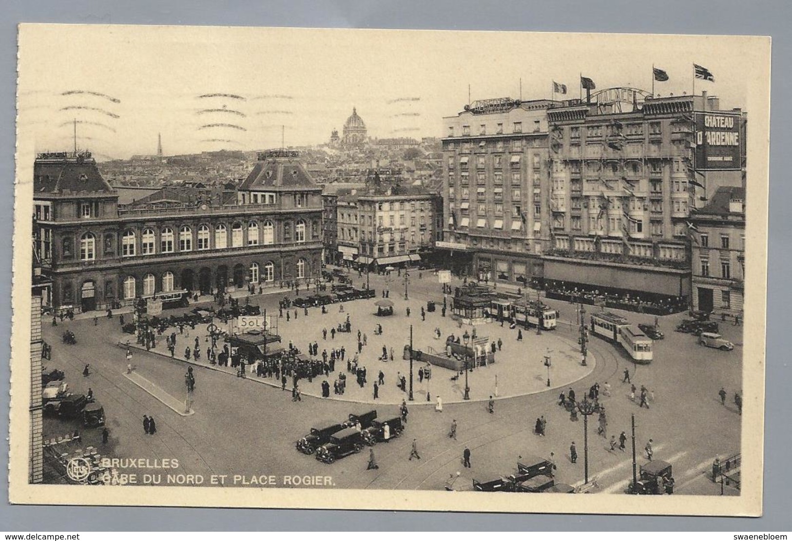 BE.- BRUSSEL. BRUXELLES. GARE DU NORD ET PLACE ROGIER. 1935. Stamp. Exposition Universelle Wereldtentoon Old Cars. Tram. - Spoorwegen, Stations