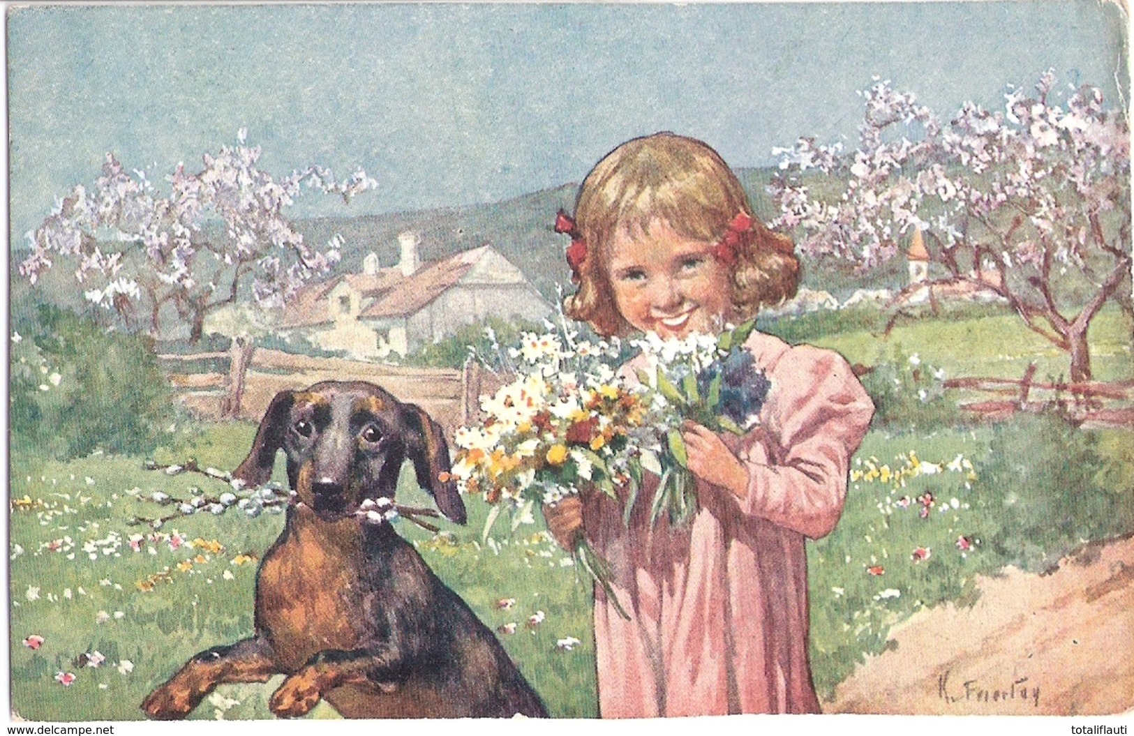 Mädchen Mit Blumenstrauß Und DACKEL Auf Frühlingswiese 3.7.1907 Gelaufen Künstlerkarte Signiert K Feiertag - Chiens