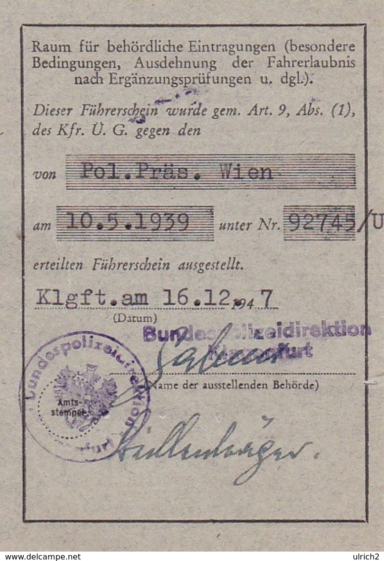 Führerschein Klagenfurt Österreich 1947 (41253) - Historische Dokumente