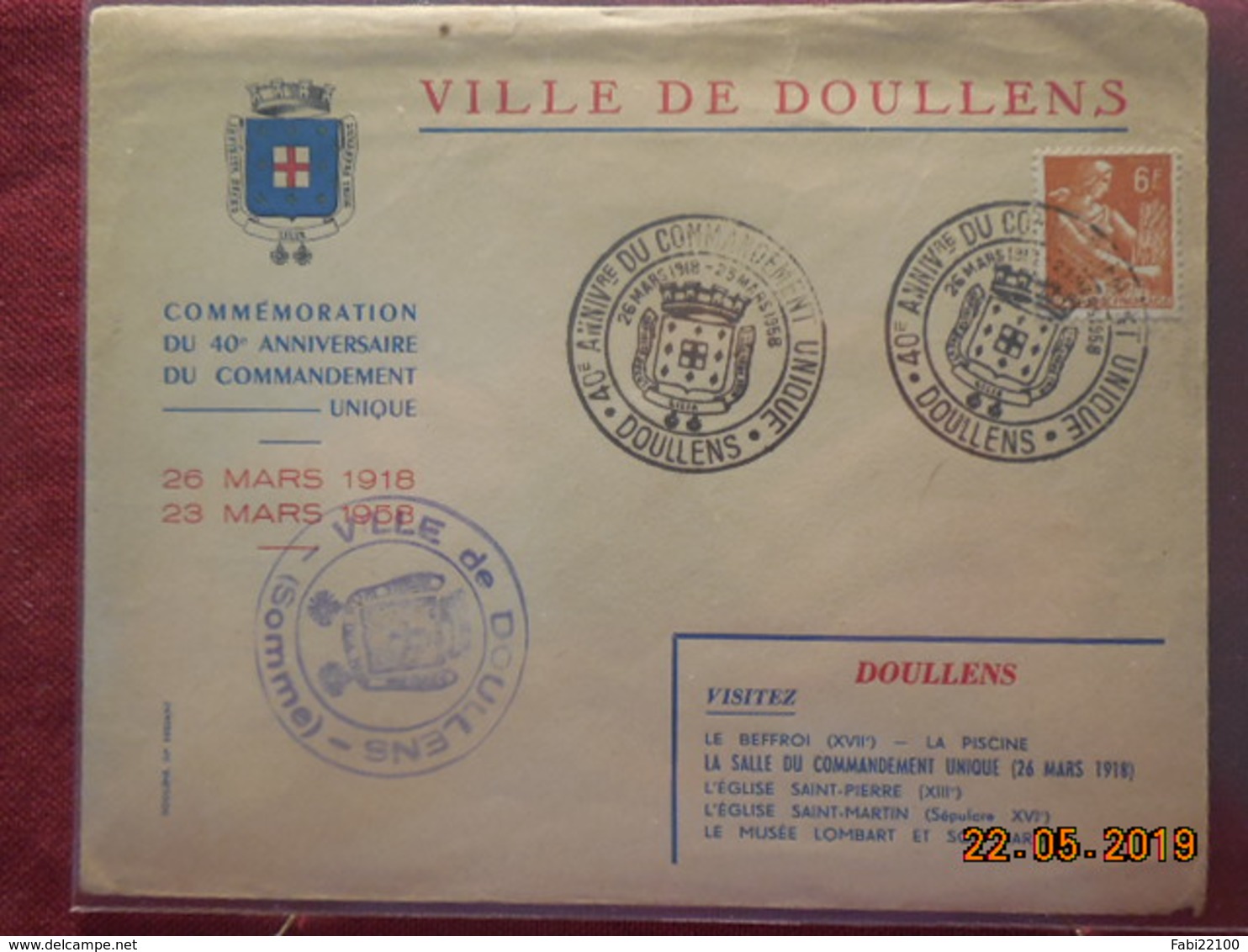 Lettre De 1958 ( 40eme Anniversaire Du Commandement Unique) Doullens - Cachets Commémoratifs