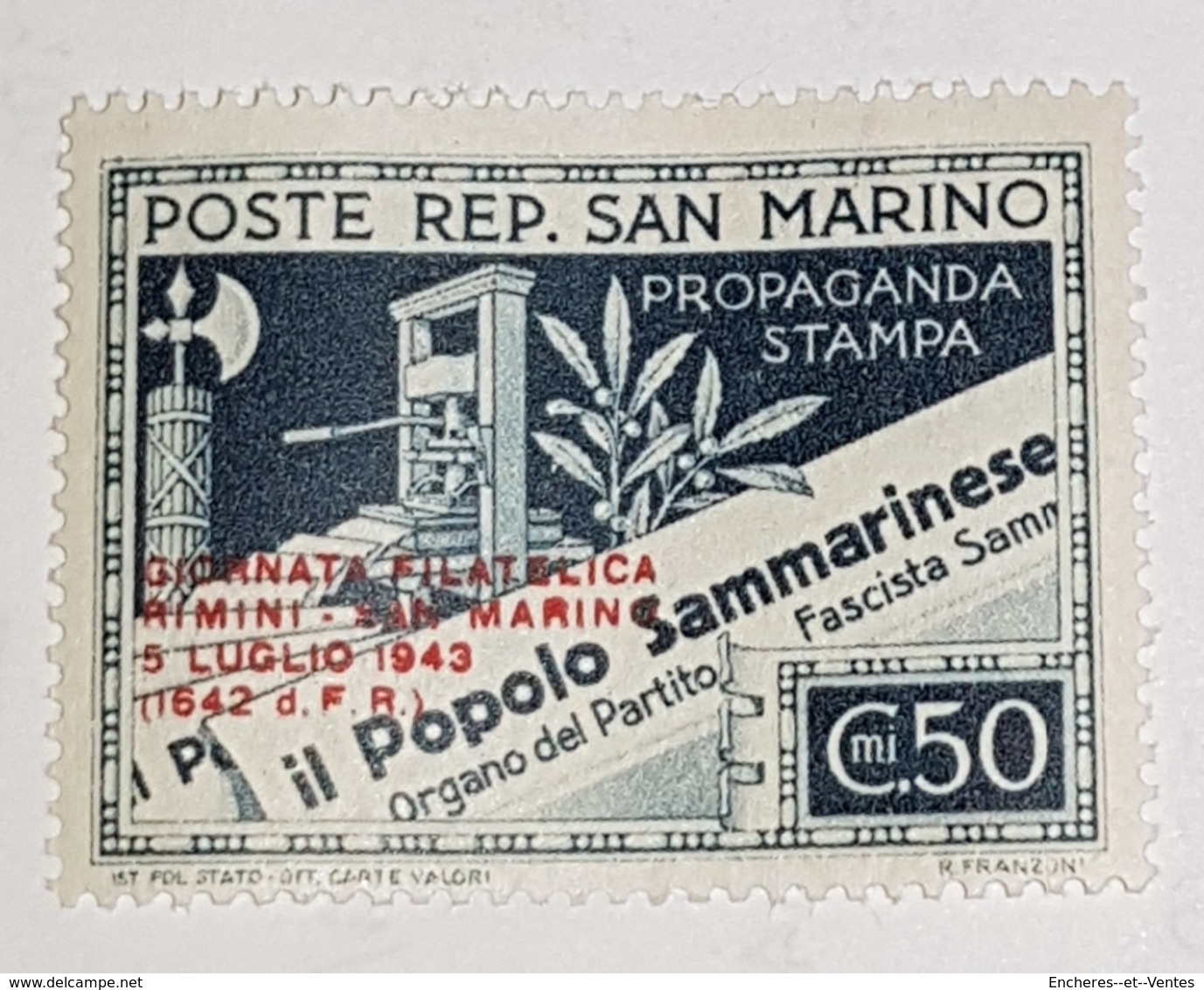 1943 San Marino Journée Philatelique Rimini - San Marino Filigrane - Neufs