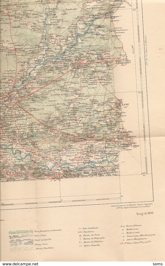 Vieille Carte Du Ministère De L'Intérieur, Tartas (Landes), édition Hachette De 1892 Dans Un Cartonnage Rouge, Bon état - Cartes Géographiques