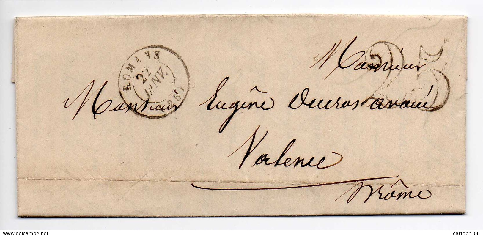 - Lettre ROMANS (Drôme) Pour VALENCE 22 JANV 1852 - Taxe Tampon 25 Centimes - A ETUDIER - - 1849-1876: Classic Period