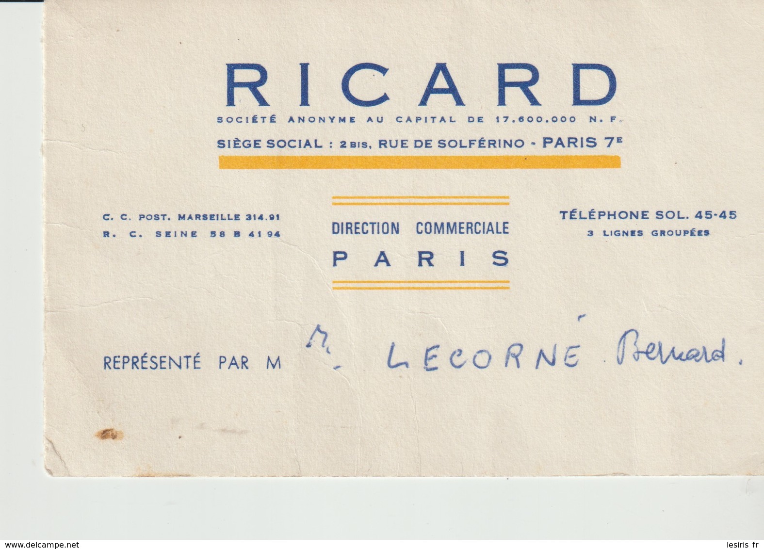 CARTE DE VISITE - RICARD - PARIS - DIRECTION COMMERCIALE - - Visiting Cards