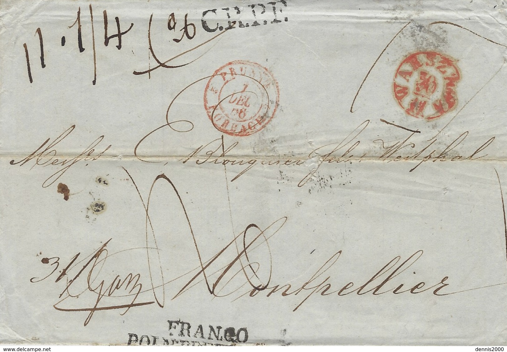 1846- Letter From Warszawa  To Montpellier ( France )  C.R.P.F. Black  + Several Postages - ...-1860 Préphilatélie