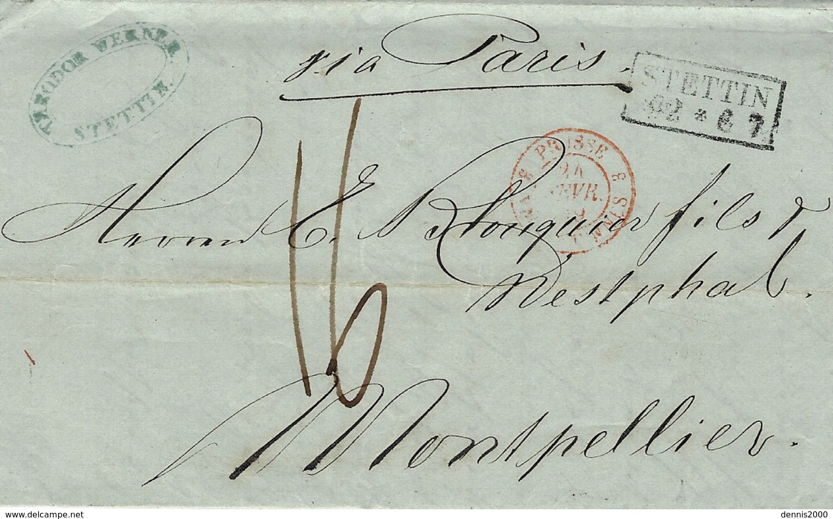 1849- Letter From STETTIN  To Montpellier ( France )  " Via Paris "  -French Postage 16 D. - ...-1860 Prefilatelia