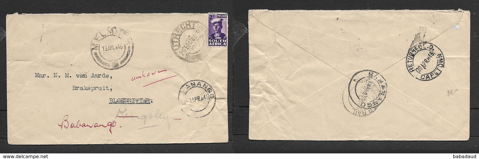 South Africa, 1946, 2d Cover, UTRECHT >BLOEDRIVIER RAIL >BABALONGO .> MELMOTH > RETURNED L.O. CAPETOWN - Covers & Documents