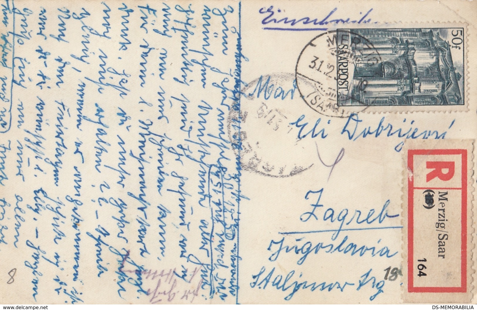 Merzig Saar Christmas Weihnacht 1951 Sent Registered To Yugoslavia - Kreis Merzig-Wadern