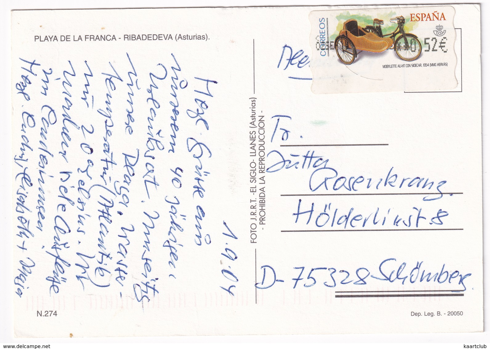 Playa De La Franca - Ribadedeva - (Asturias, Espana/Spain) 'MOBYLETTE AU-HT CON SIDECAR,1954 (MMC-HERVÁS)' Stamp/Timbre - Asturias (Oviedo)