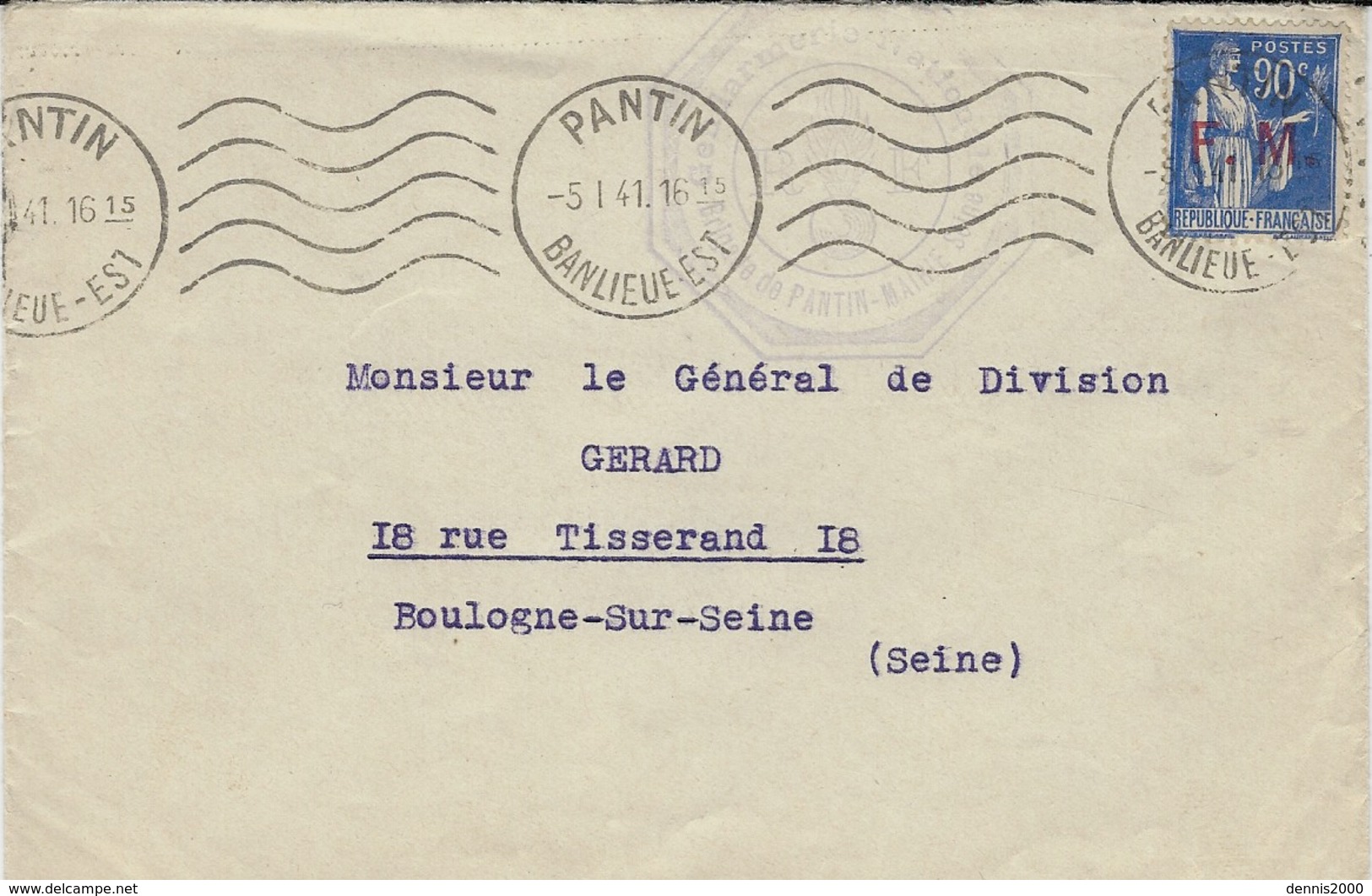 1941- Lettre De La Gendarmerie De Pantin -  Affr. Paix 90 C  F M - Guerra Del 1939-45