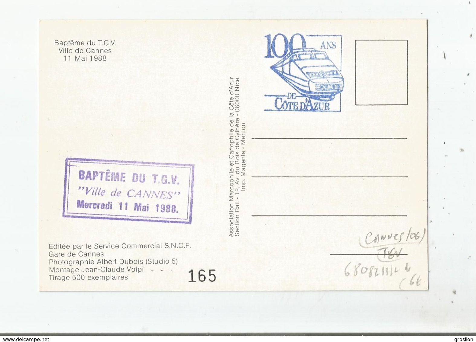 BAPTEME DU TGV VILLE DE CANNES 11 MAI 1988 - Cannes