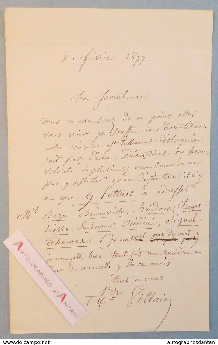 L.A.S 1877 André VILLAIN Peintre Lettres Bazin Bénouville Bridoux Clerget Besse Lesueur Signol Oudiné Lettre Autographe - Peintres & Sculpteurs