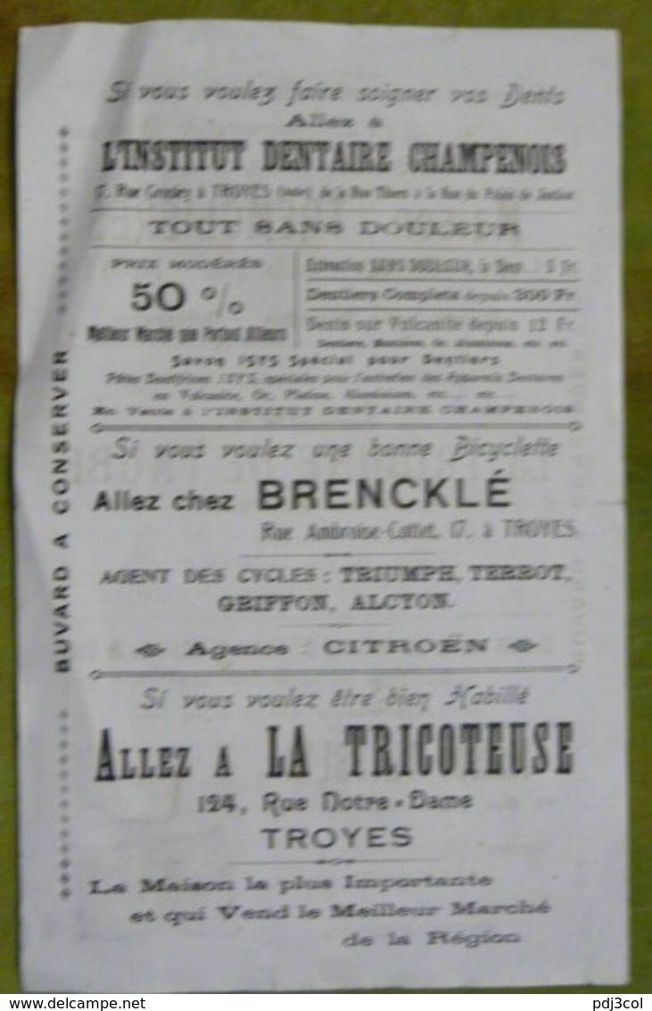 Buvard Pubicitaire  Troyes - Trémolières - Tribune De L'Aube - Thiéblin - Brencklé - La Tricoteuse - Institut Dentaire - Autres & Non Classés
