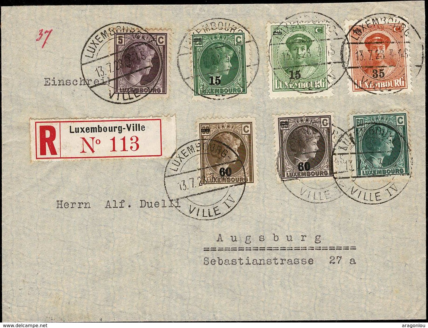 Lettre Recommandé, Luxembourg Vers Augsburg 13.7.1923, 7 Timbres Mixtes Charlotte - Lettres & Documents