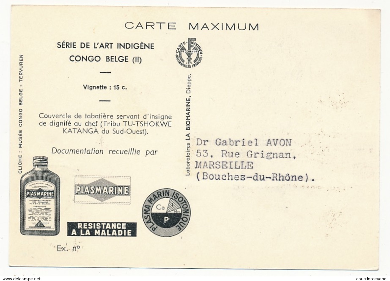 Congo Belge -Carte Maximum (Plasmarine) - 15c Art Indigène, Couvercle De Tabatière - Léopoldville 1952 - Brieven En Documenten