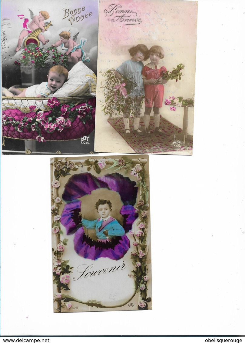 ENFANTS GARCON FILLETTE LOT 3 CARTES BONNE ANNEE ECRITES BEBE  AVEC ANGES SOUVENIR - Portraits