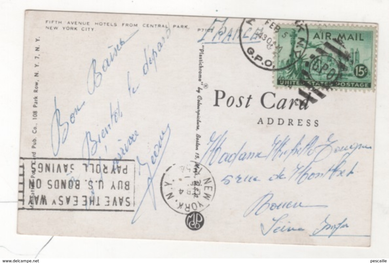 CP FIFTH AVENUE HOTELS FROM CENTRAL PARK - NEW YORK CITY - MANHATHAN POST CARD PUB Co 108 - CIRCULEE EN 1954 - Central Park