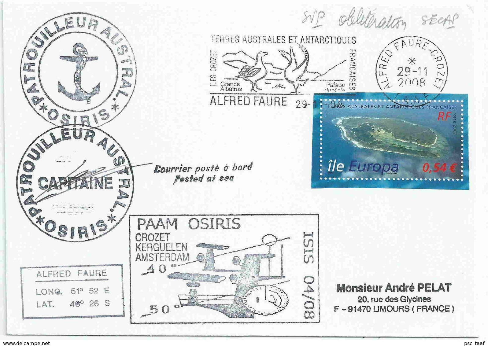 YT 476 - île Europa - Lettre Postée à Bord De L'Osiris - Secap D'Alfred Faure - Crozet - 29/11/2008 - Lettres & Documents