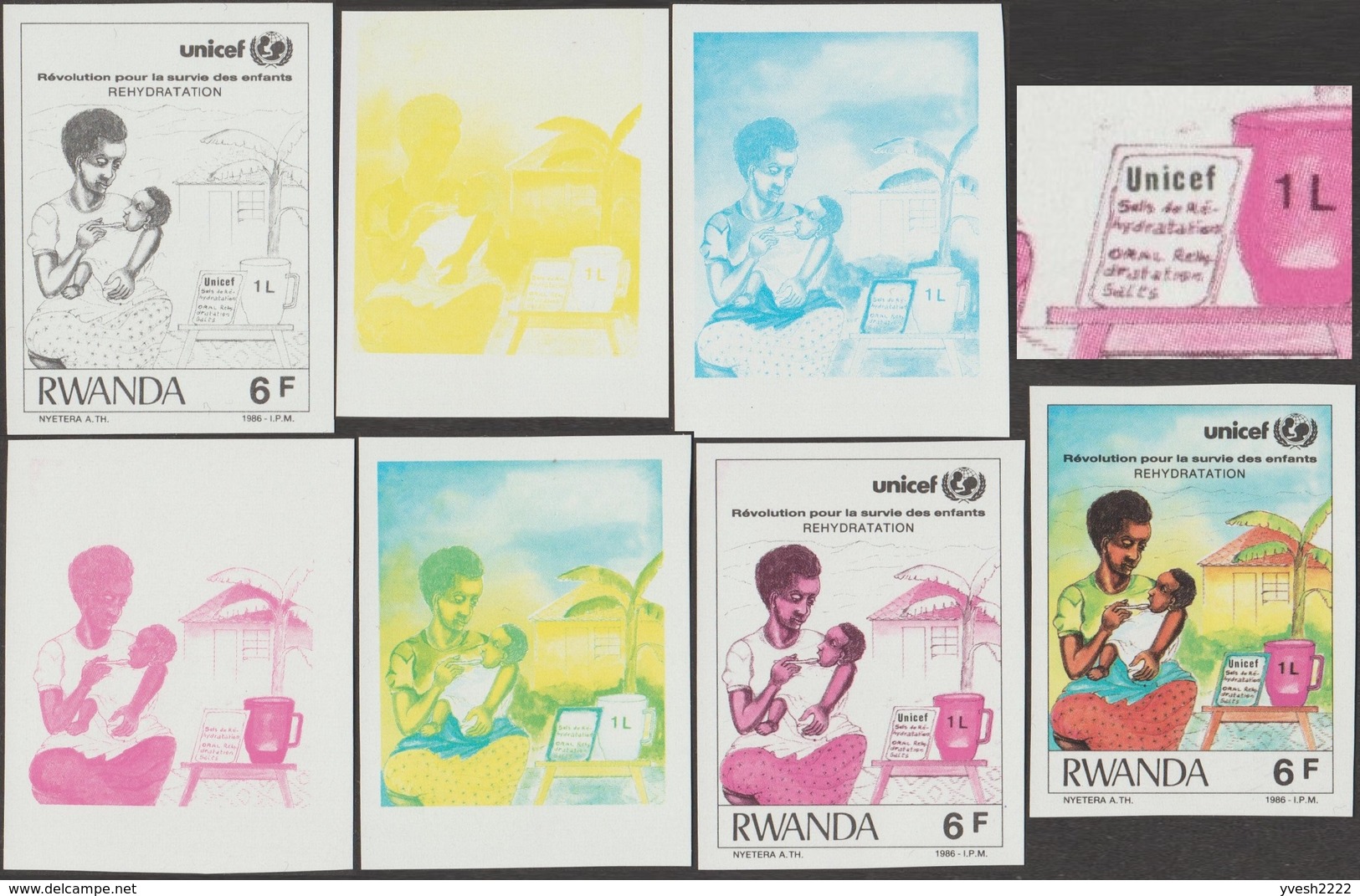 Rwanda 1987 COB 1294. 7 Essais De Couleurs. Unicef, Survie De L'enfant. Sels De Réhydratation, Sel - Autres & Non Classés