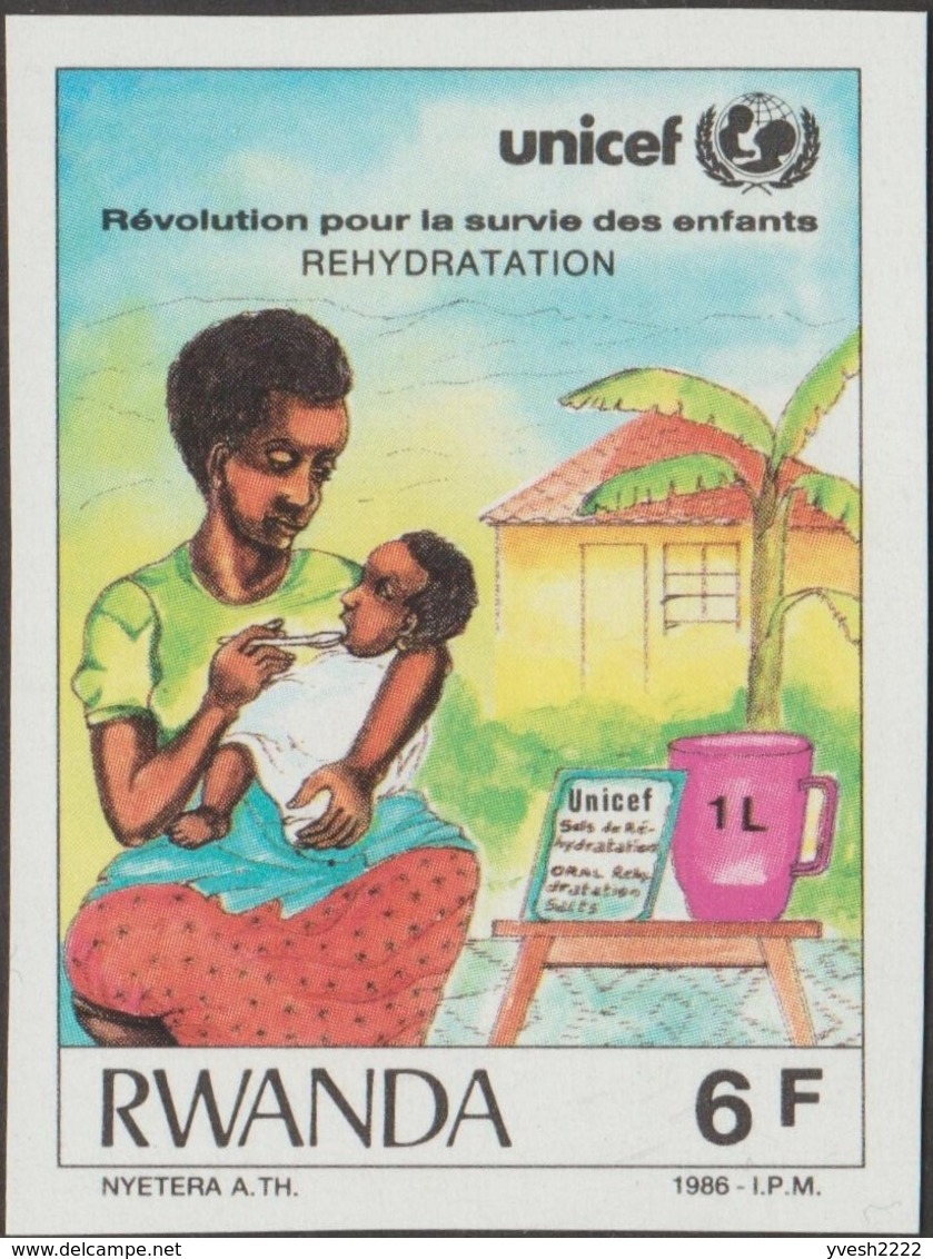 Rwanda 1987 COB 1294. 7 essais de couleurs. Unicef, survie de l'enfant. Sels de Réhydratation, sel