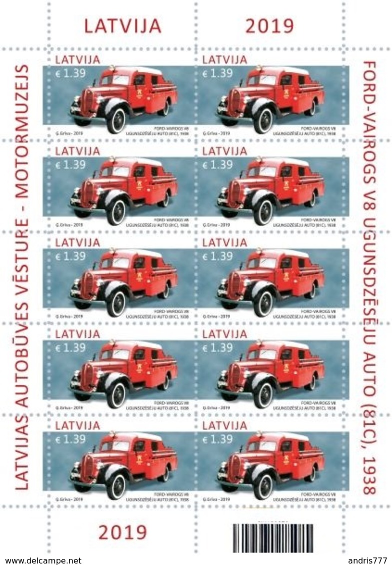 Latvia Lettland Lettonie 2019 (08) Latvia Automotive History - Ford Vairogs V8 - Fire Truck, 1938 (full Sheet) - Letland