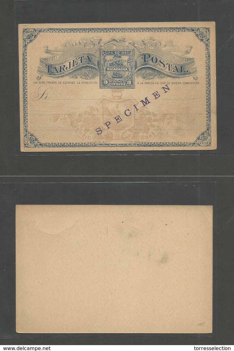 NICARAGUA. 1890. 3cts Blue UPU Stationary Card, Overprinted SPECIMEN. Very Scarce Early Item And Fine. - Nicaragua