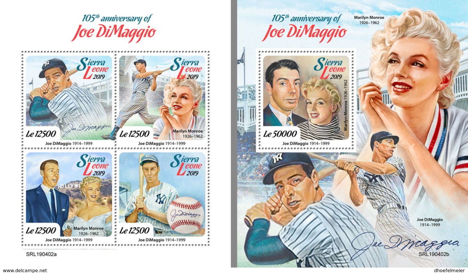 SIERRA LEONE 2019 MNH Joe DiMaggio Baseball Marilyn Monroe M/S+S/S - OFFICIAL ISSUE - DH1921 - Base-Ball