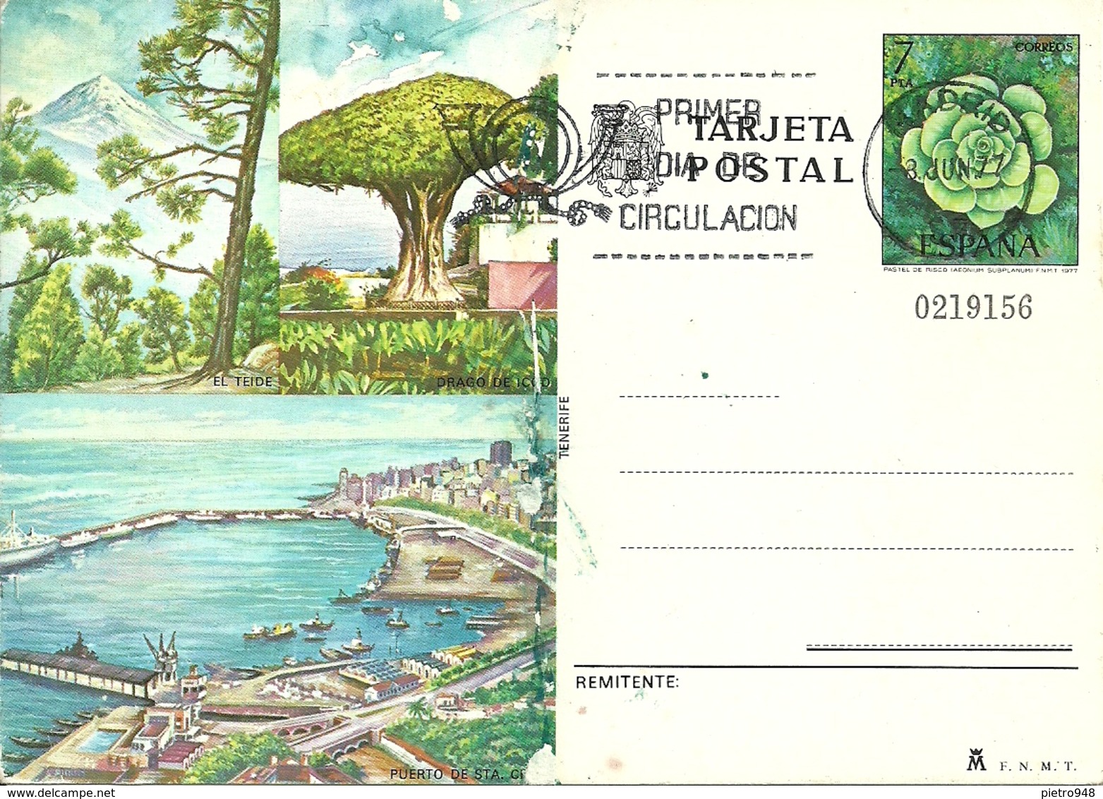 Tarjeta Postal, Tenerife (Canarie, Spagna) Puerto De S.ta Cruz, El Teide, Drago De Icod, Annullo "Primer Dia De Circul" - Tenerife