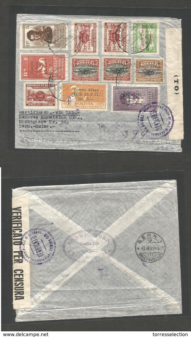 BOLIVIA. 1941 (7 Jan) La Paz - Switzerland, Bern (13 March) Air Multifkd Envelope Via LATI With Italian Torino Censorshi - Bolivia