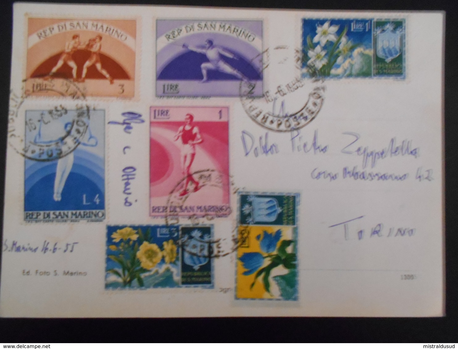 San Marin Carte De 1955 Pour Torino - Lettres & Documents
