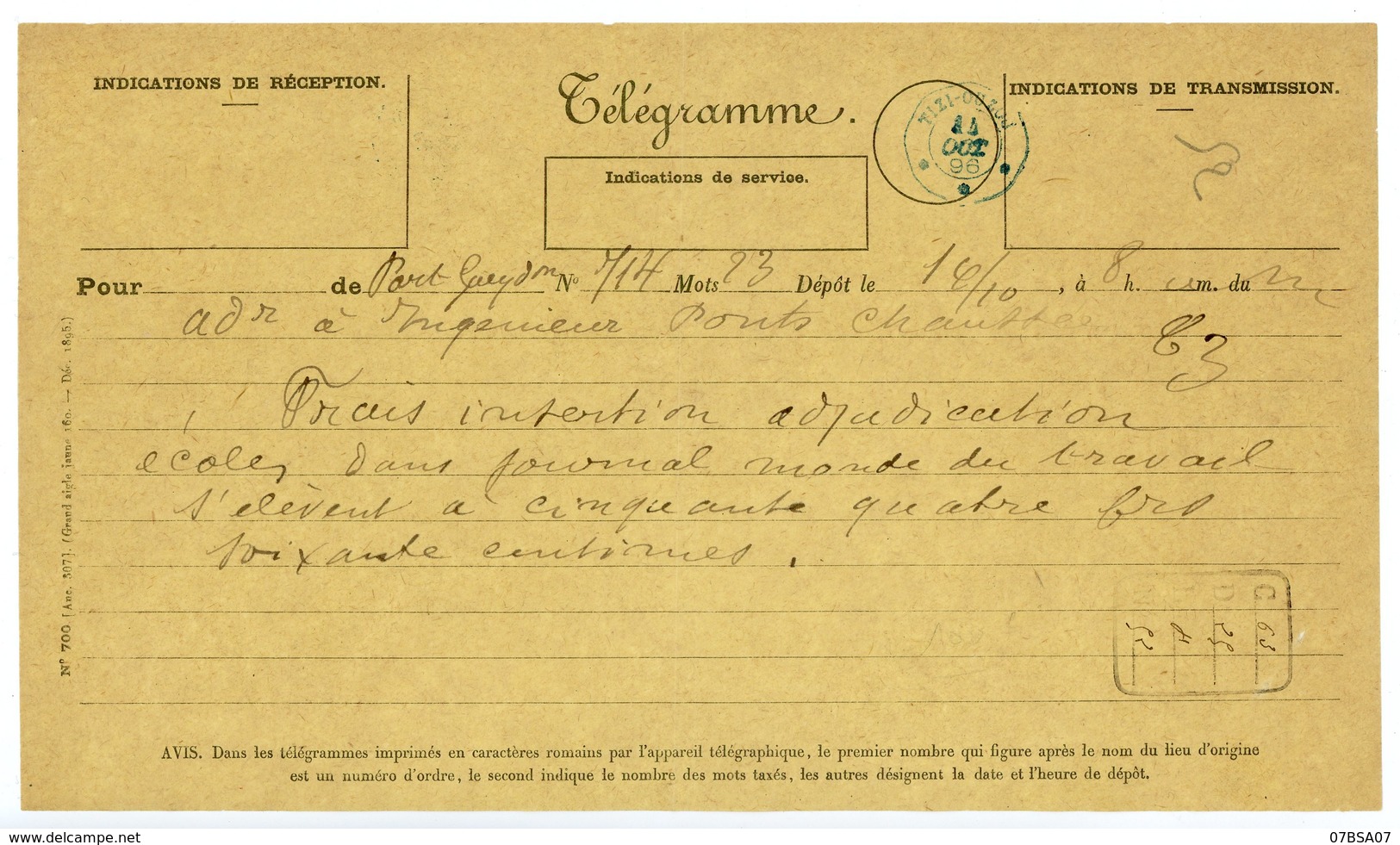 RRR ALGERIE TELEGRAMME 1896 TELEGRAMME AVEC CACHET TELEGRAPHIQUE DE TIZI-OUZOU SUPERBE - 1877-1920: Période Semi Moderne