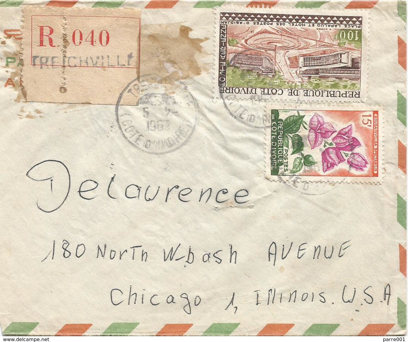 Cote D'Ivoire 1963 Treichville Square Flower Bougainvillea Spectabilis Registered Cover - Costa De Marfil (1960-...)