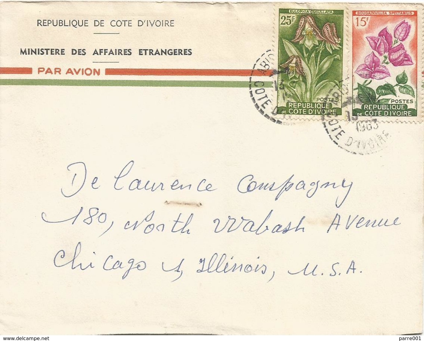 Cote D'Ivoire 1963 Abidjan Perle Flower Orchid Eulophia Cucullata Bougainvillea Spectabilis Cover - Ivoorkust (1960-...)