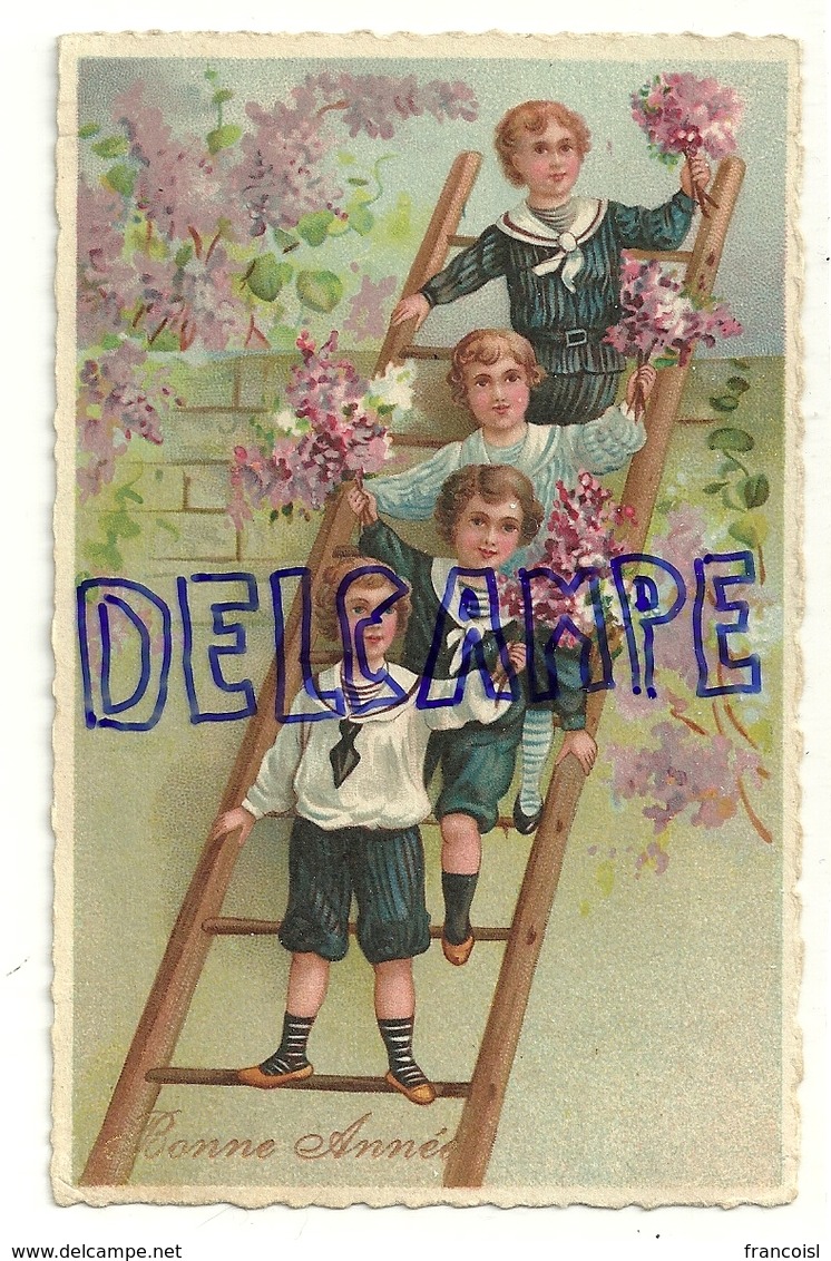 Bonne Année. Quatre Enfants Sur Une échelle, Fleurs (lilas) - Nouvel An