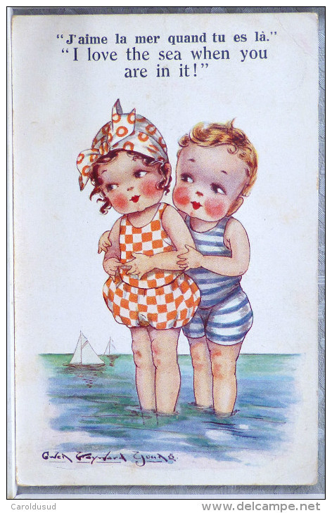 CP LITHO  Illustrateur Gwen Rayward Young Comique House 6694 Enfants Enfant FILLE  GARCON PLAGE Mer Amoureux - Cartes Humoristiques