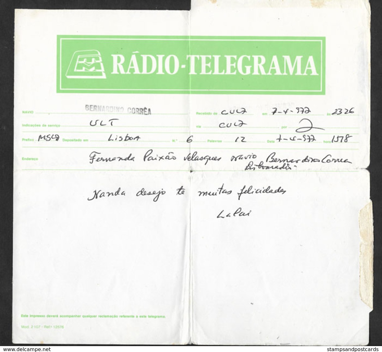 Portugal Radio Télégramme 1977 Navire Cargo Cachet Bernardino Correa CTM  Radio Telegram Cargo Ship - Briefe U. Dokumente