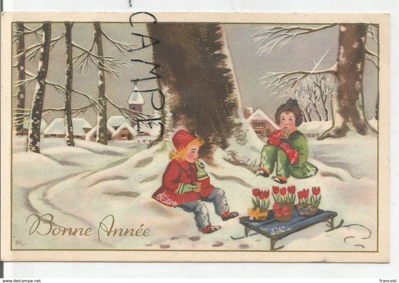 Bonne Année. Deux Enfants Vendeurs De Tulipes. Pause Pique-nique Dans La Neige. Signée R. - Nouvel An