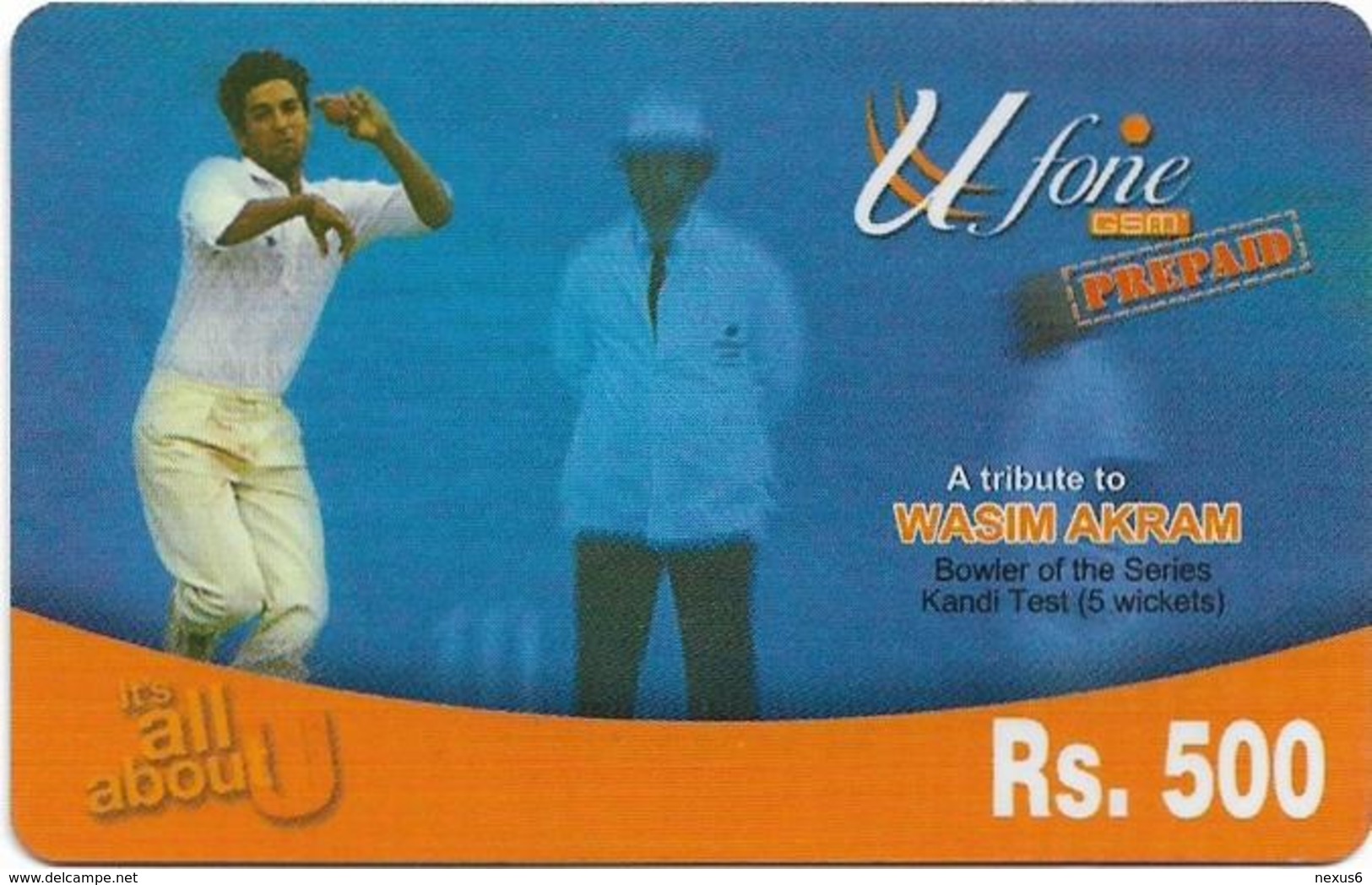 Pakistan - U-fone - Wasim Akram, Prepaid 500Rs, Exp. 22.06.2005, Used - Pakistan